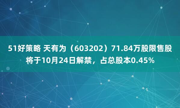 51好策略 天有为（603202）71.84万股限售股将于10月24日解禁，占总股本0.45%
